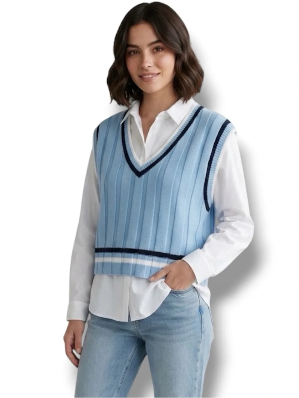 Ultra Flirt Sweater Vest Y2K Light Blue Striped V-Neck Cropped Preppy Tennis M 🍭